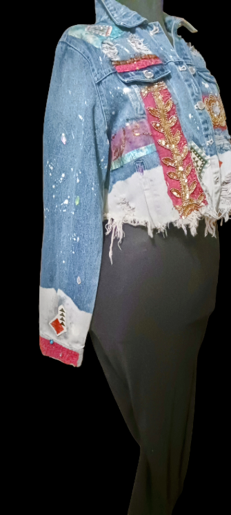 A mannequin wearing a denim jacket.