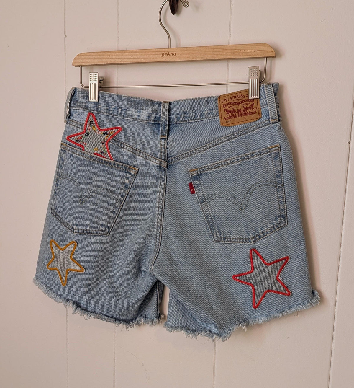Embroidered Patchwork Star Shorts- Light Wash Distressed Levi's 501