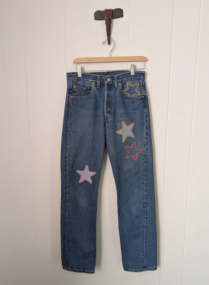 Patchwork Star Jeans- Medium Wash Levi's with Handmade Star Patches