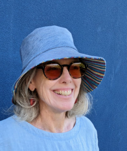 A woman wearing sunglasses and a blue hat.