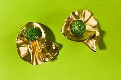 Gold Tone Folded Earrings with Green Iridescent Bead