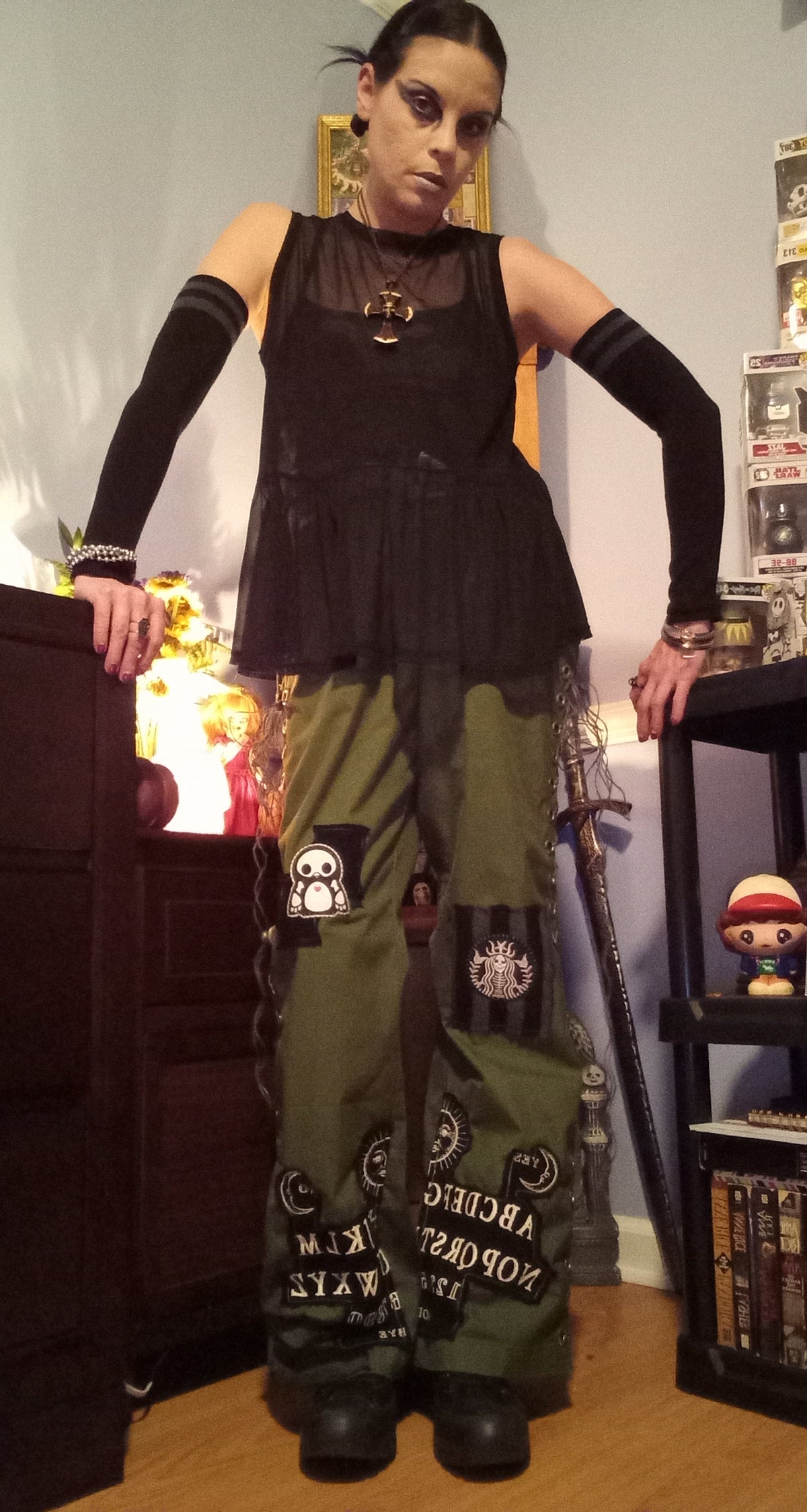 Upcycled Goth Green Lace Up Pants - 14/31"
