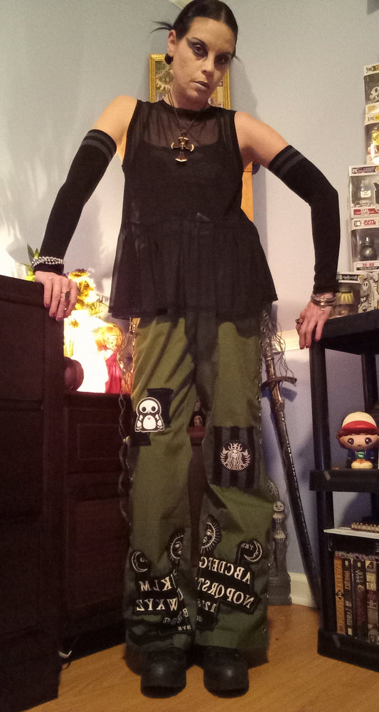 Upcycled Goth Green Lace Up Pants - 14/31"
