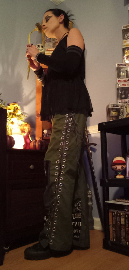 Upcycled Goth Green Lace Up Pants - 14/31"
