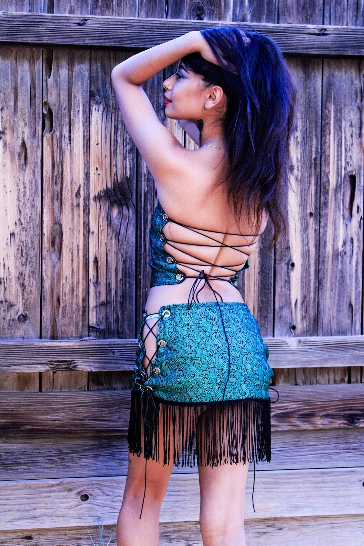 Money Talks Green Fringe Skirt Set by The Modern Alien, photo 9