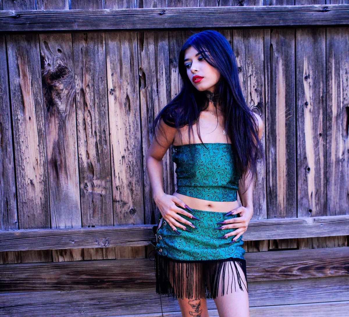 Money Talks Green Fringe Skirt Set by The Modern Alien, photo 14