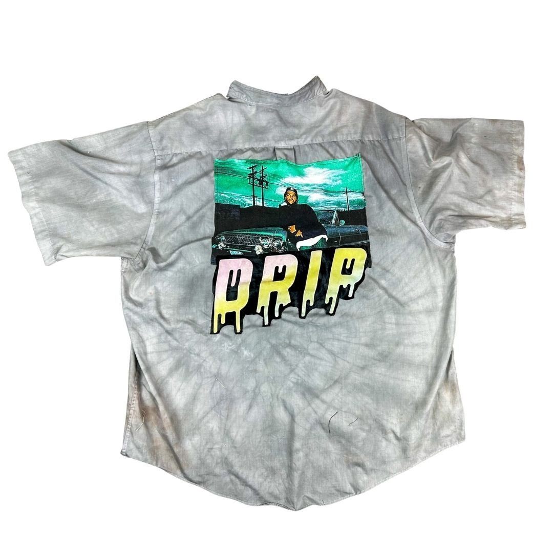 Ice Cube Drip Reworked Button-Up – Tie-Dyed & Patched