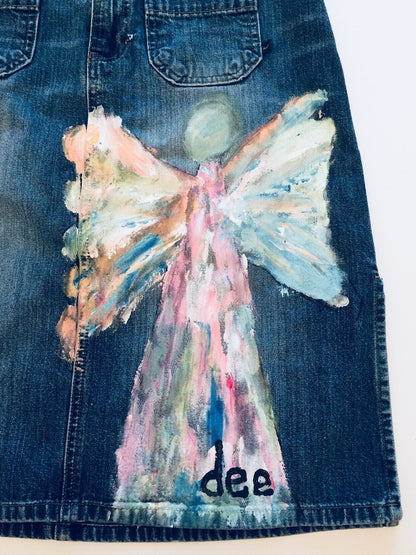 Hand Painted Folk Art Angel Denim Skirt by Dee Couture, photo 2