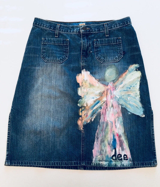 Hand Painted Folk Art Angel Denim Skirt by Dee Couture