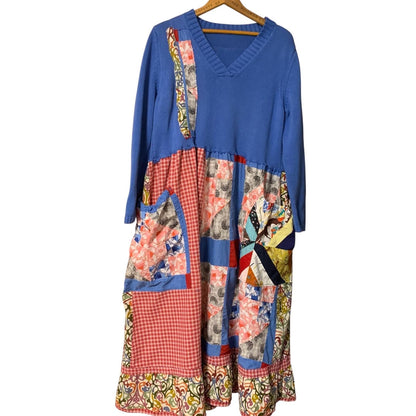 Upcycled Patchwork Midi Dress L Lagenlook Boho V Neck