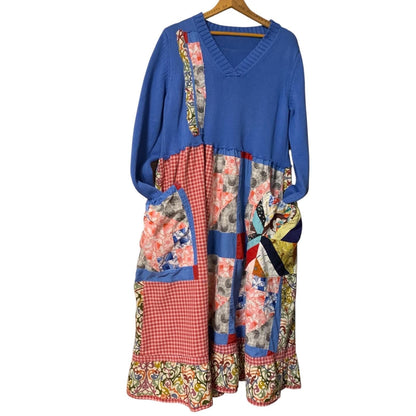 Upcycled Patchwork Midi Dress L Lagenlook Boho V Neck