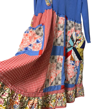 Upcycled Patchwork Midi Dress L Lagenlook Boho V Neck