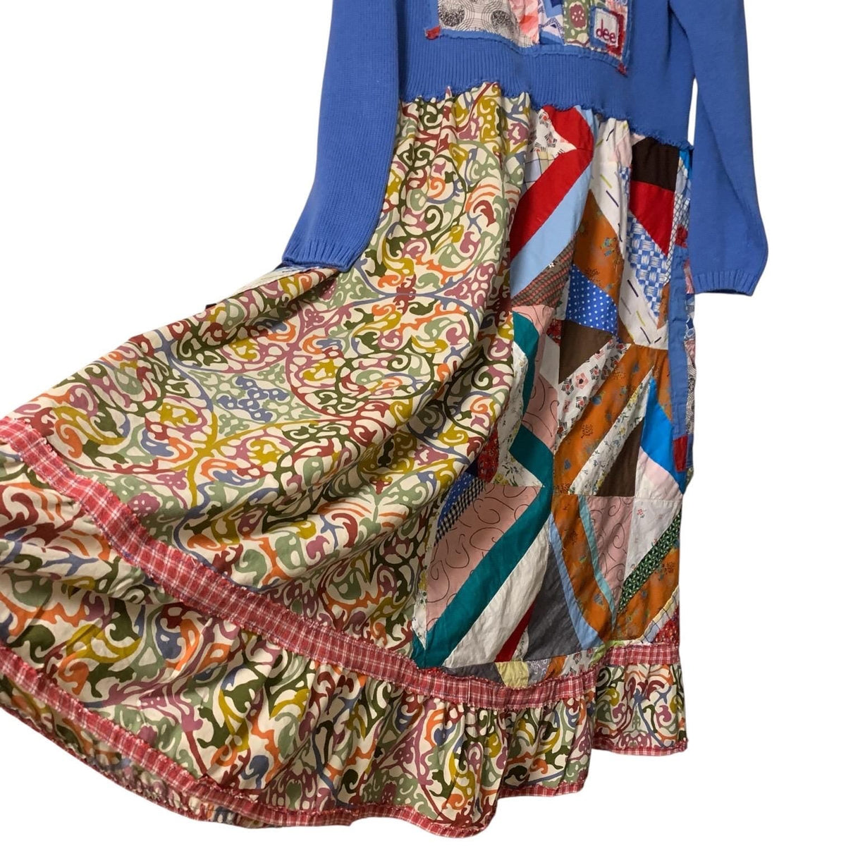 Upcycled Patchwork Midi Dress L Lagenlook Boho V Neck