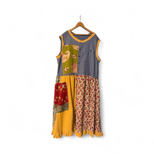 Upcycled Kantha Patchwork Maxi Dress XL Boho Art to Wear