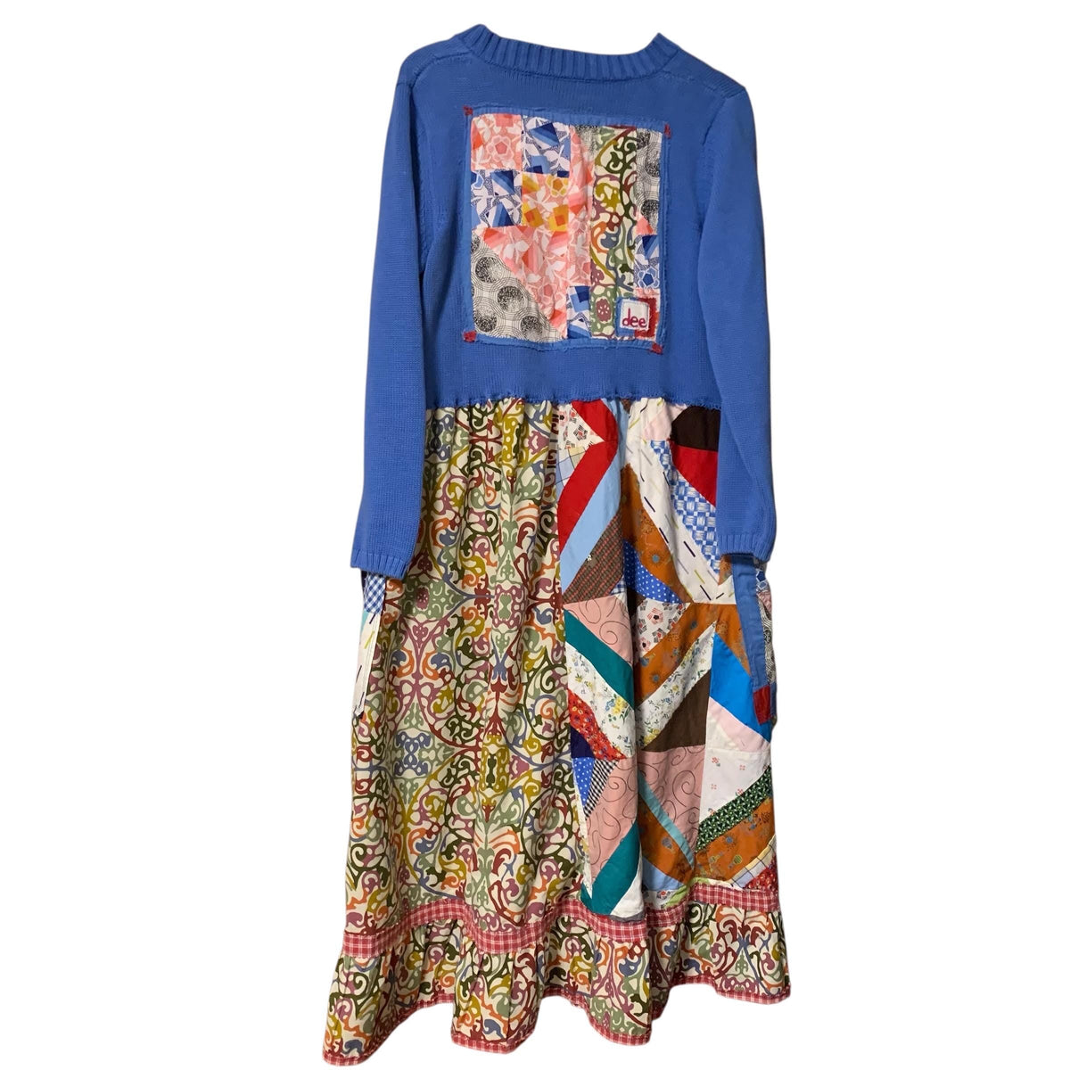 Upcycled Patchwork Midi Dress L Lagenlook Boho V Neck