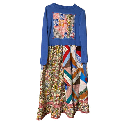 Upcycled Patchwork Midi Dress L Lagenlook Boho V Neck