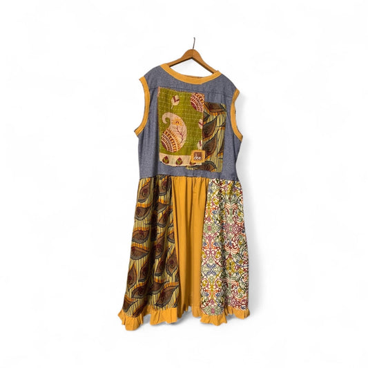 Upcycled Kantha Patchwork Maxi Dress XL Boho Art to Wear