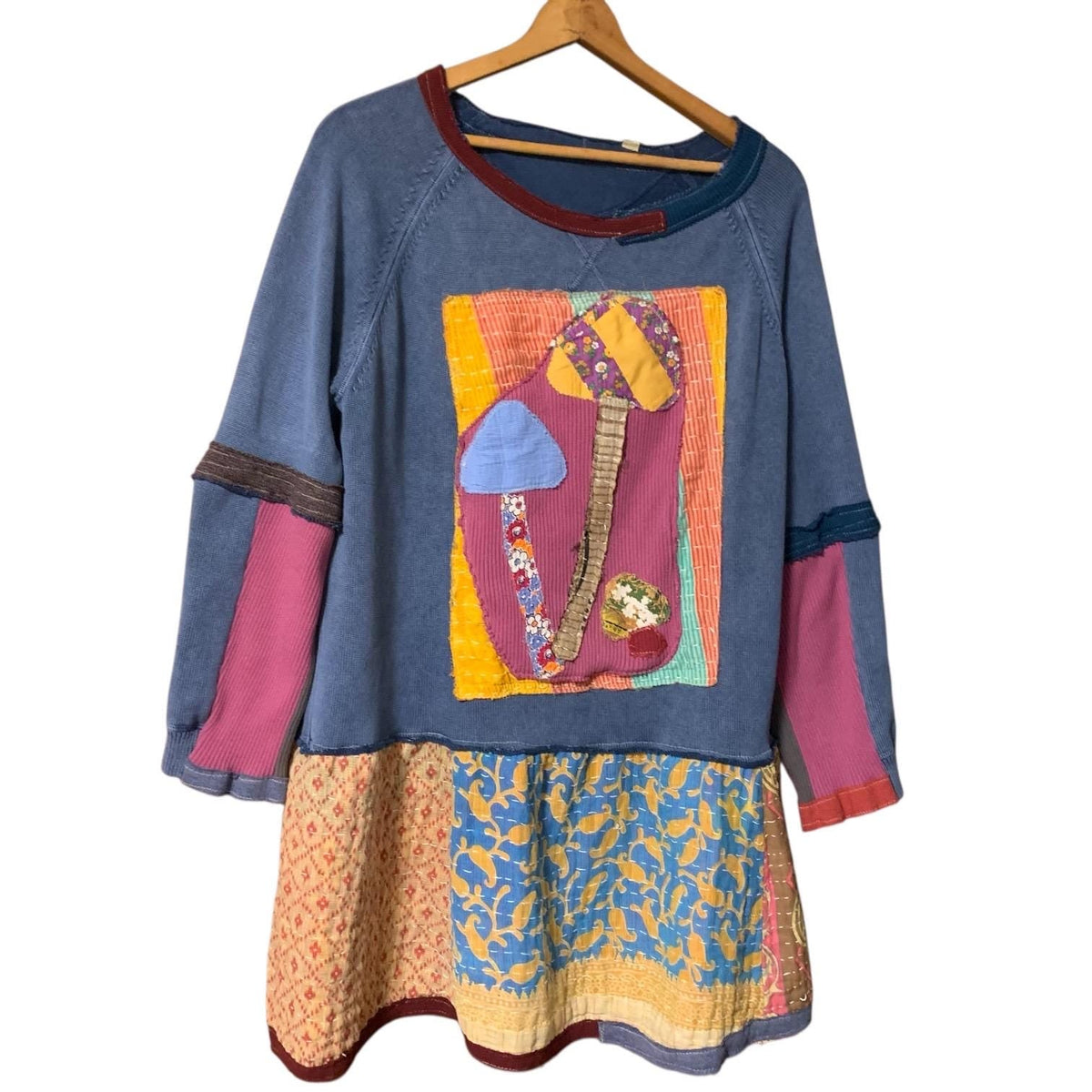 Upcycled Mushroom Tunic Top XL Knit Sweater with Kantha Hem