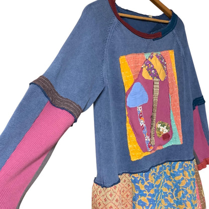 Upcycled Mushroom Tunic Top XL Knit Sweater with Kantha Hem