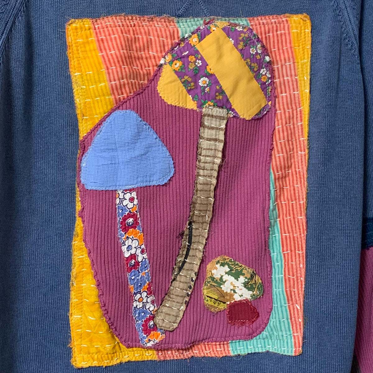 Upcycled Mushroom Tunic Top XL Knit Sweater with Kantha Hem