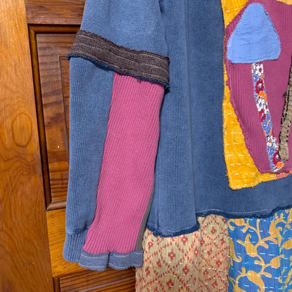Upcycled Mushroom Tunic Top XL Knit Sweater with Kantha Hem