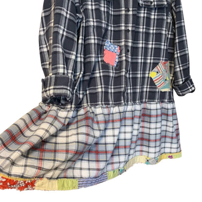 Upcycled Flannel Tunic Top 2X 3X Cross Patchwork Plaid Collared