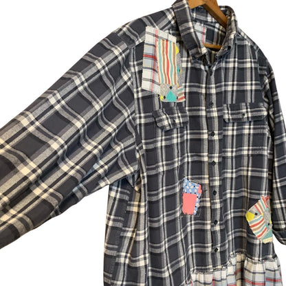 Upcycled Flannel Tunic Top 2X 3X Cross Patchwork Plaid Collared