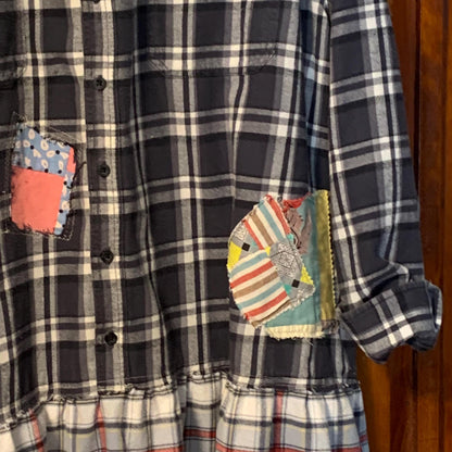 Upcycled Flannel Tunic Top 2X 3X Cross Patchwork Plaid Collared