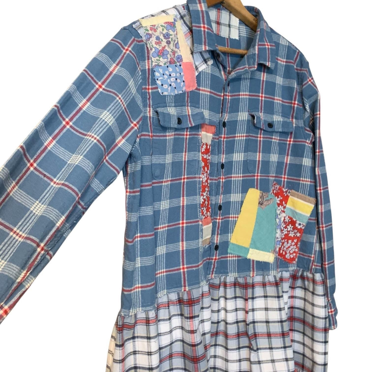 Upcycled Flannel Tunic Top L Cross Patchwork Plaid Collared