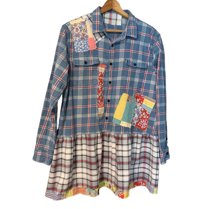 Upcycled Flannel Tunic Top L Cross Patchwork Plaid Collared