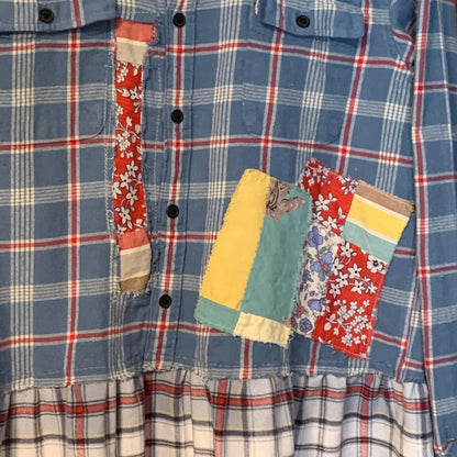 Upcycled Flannel Tunic Top L Cross Patchwork Plaid Collared