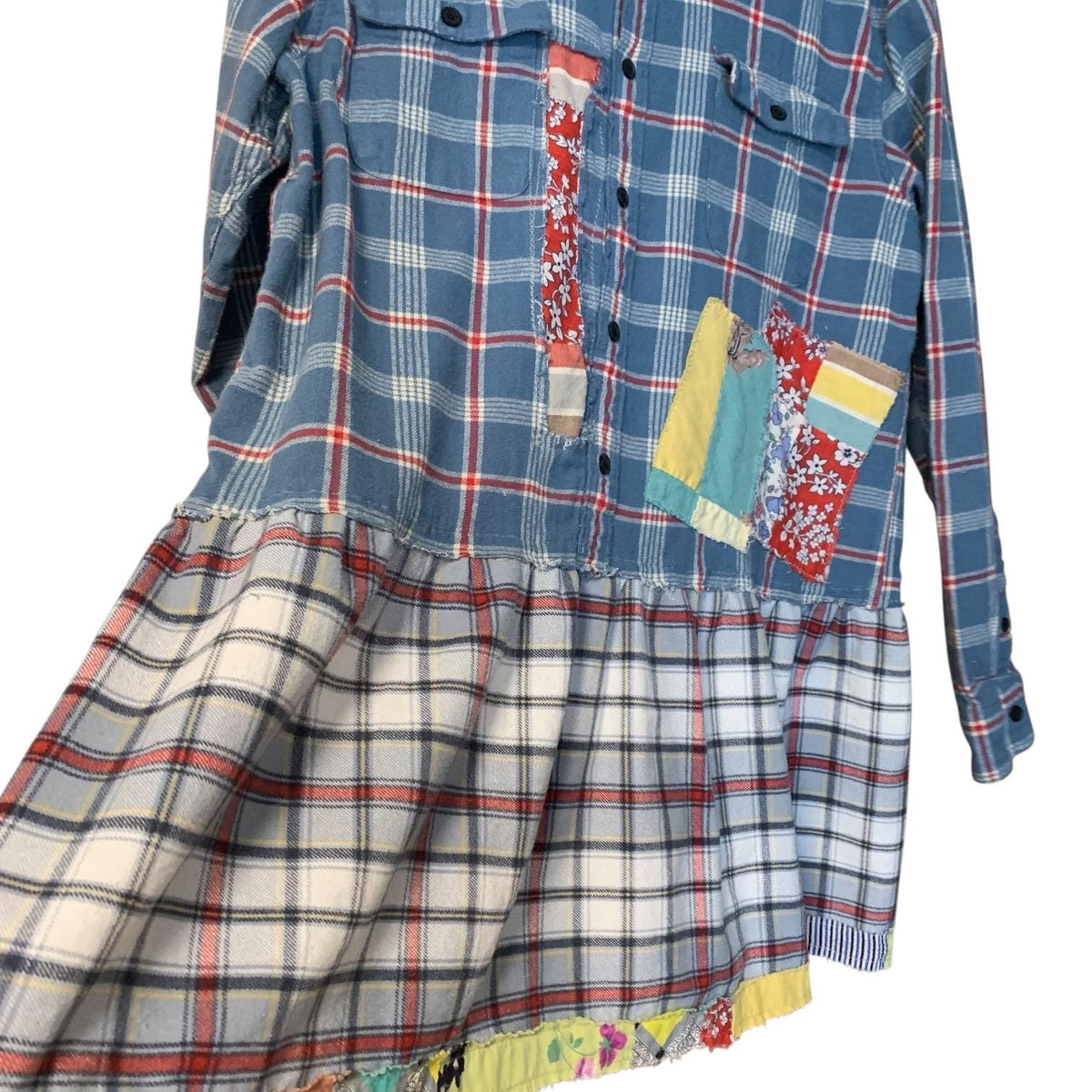 Upcycled Flannel Tunic Top L Cross Patchwork Plaid Collared