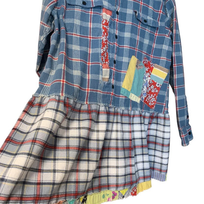Upcycled Flannel Tunic Top L Cross Patchwork Plaid Collared