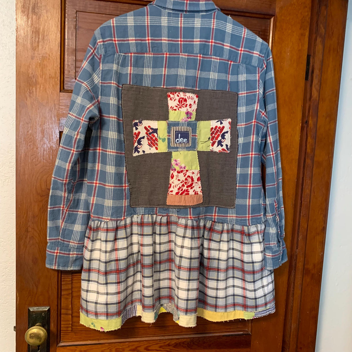 Upcycled Flannel Tunic Top L Cross Patchwork Plaid Collared