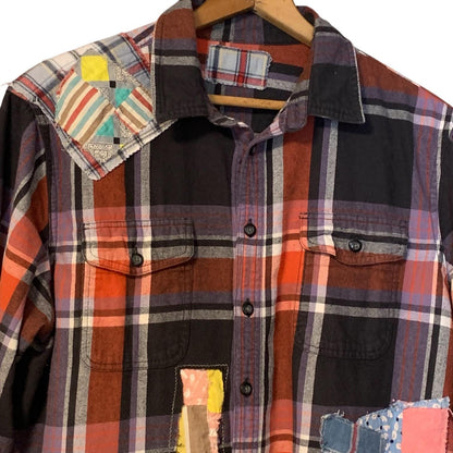 Upcycled Flannel Tunic Top L XL Cross Patchwork Plaid Collared