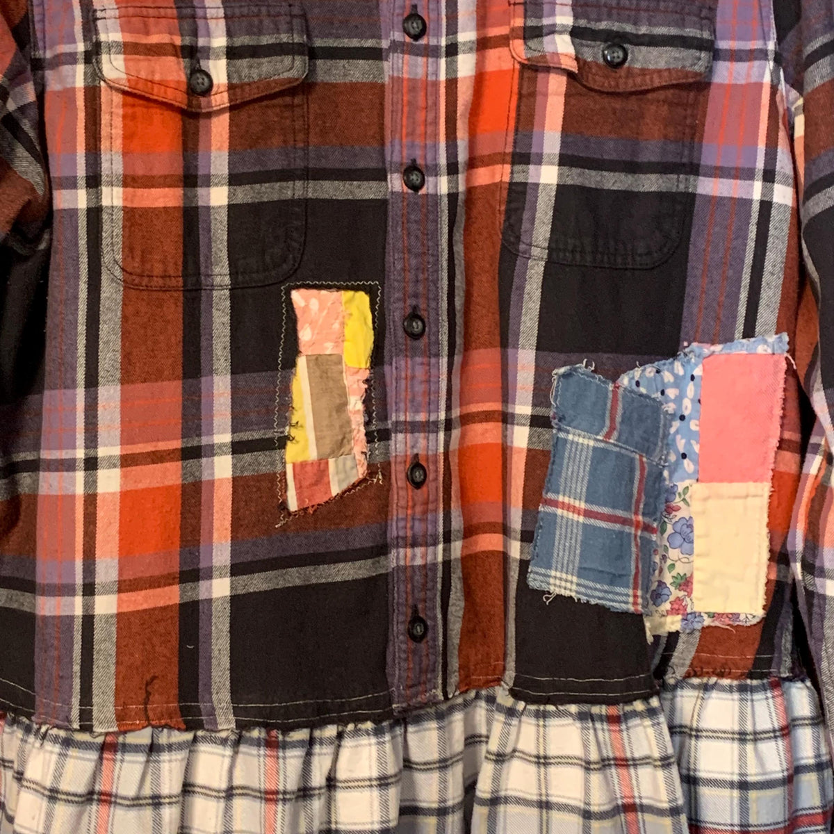 Upcycled Flannel Tunic Top L XL Cross Patchwork Plaid Collared