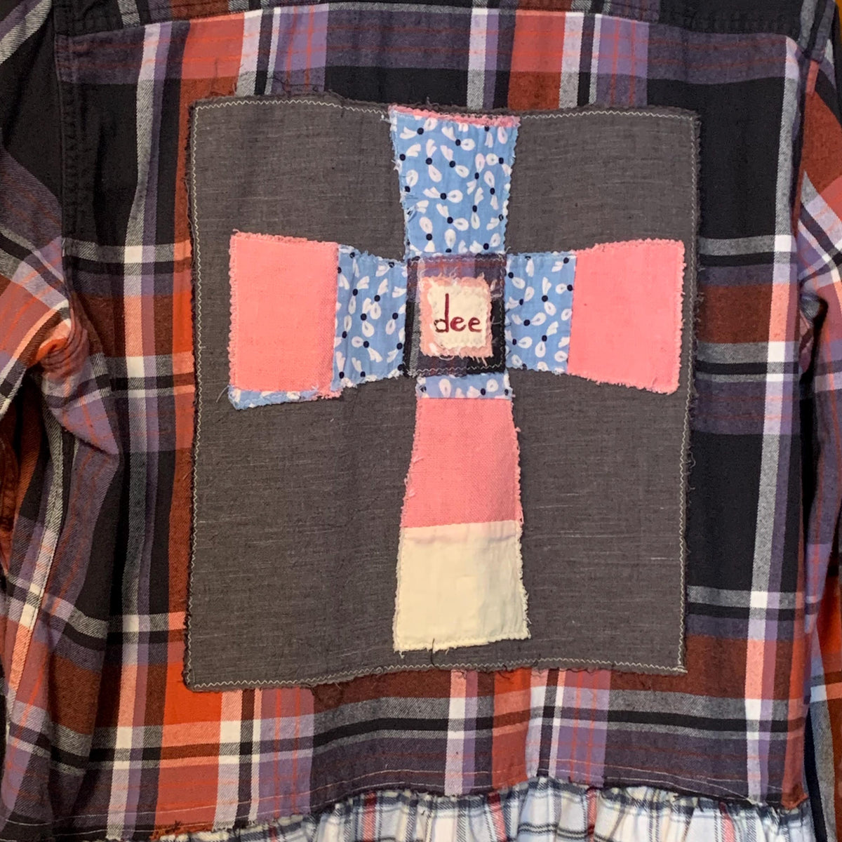 Upcycled Flannel Tunic Top L XL Cross Patchwork Plaid Collared