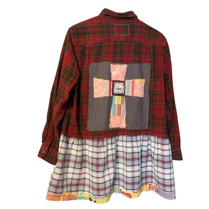 Upcycled Flannel Tunic Top XL Cross Patchwork Plaid Collared