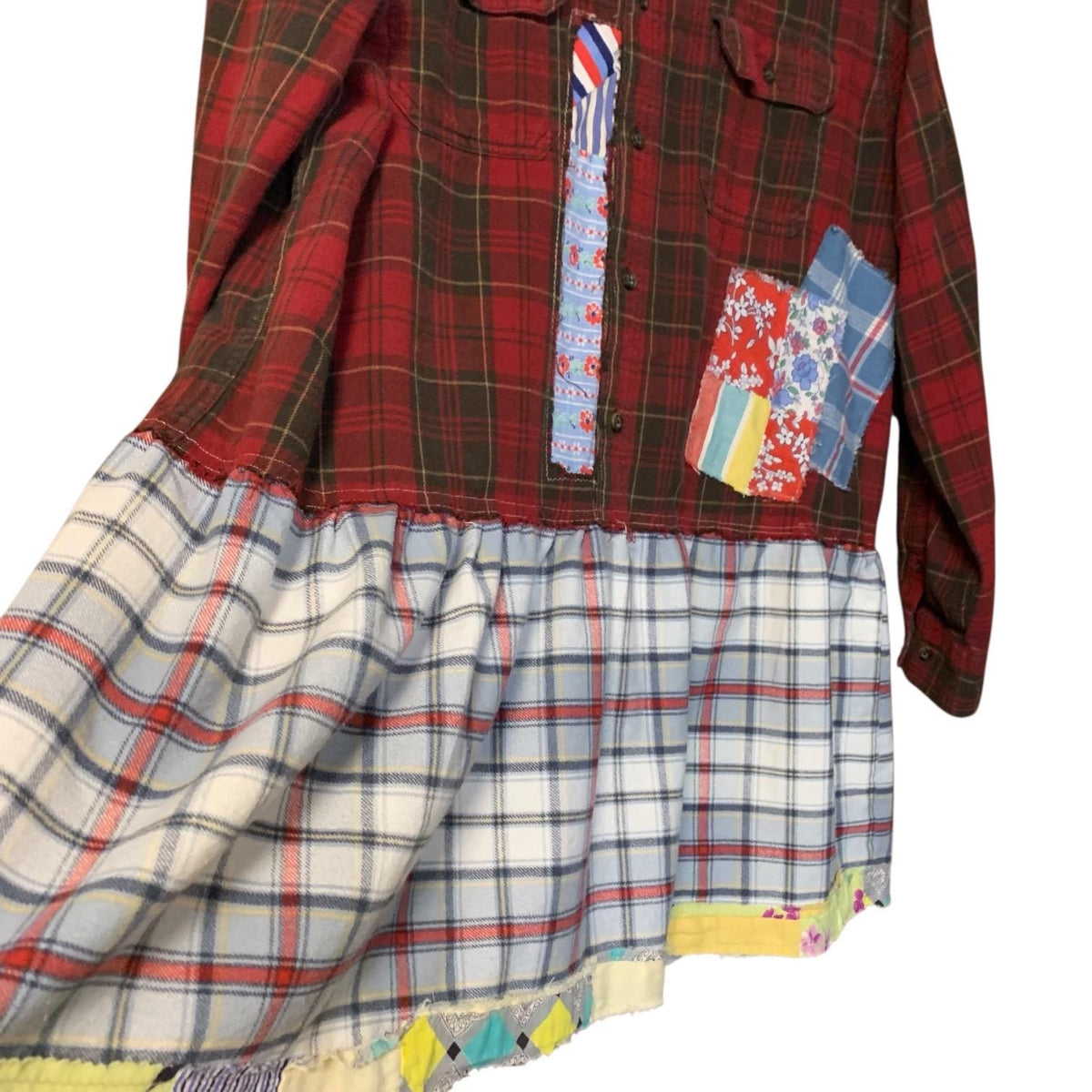 Upcycled Flannel Tunic Top XL Cross Patchwork Plaid Collared