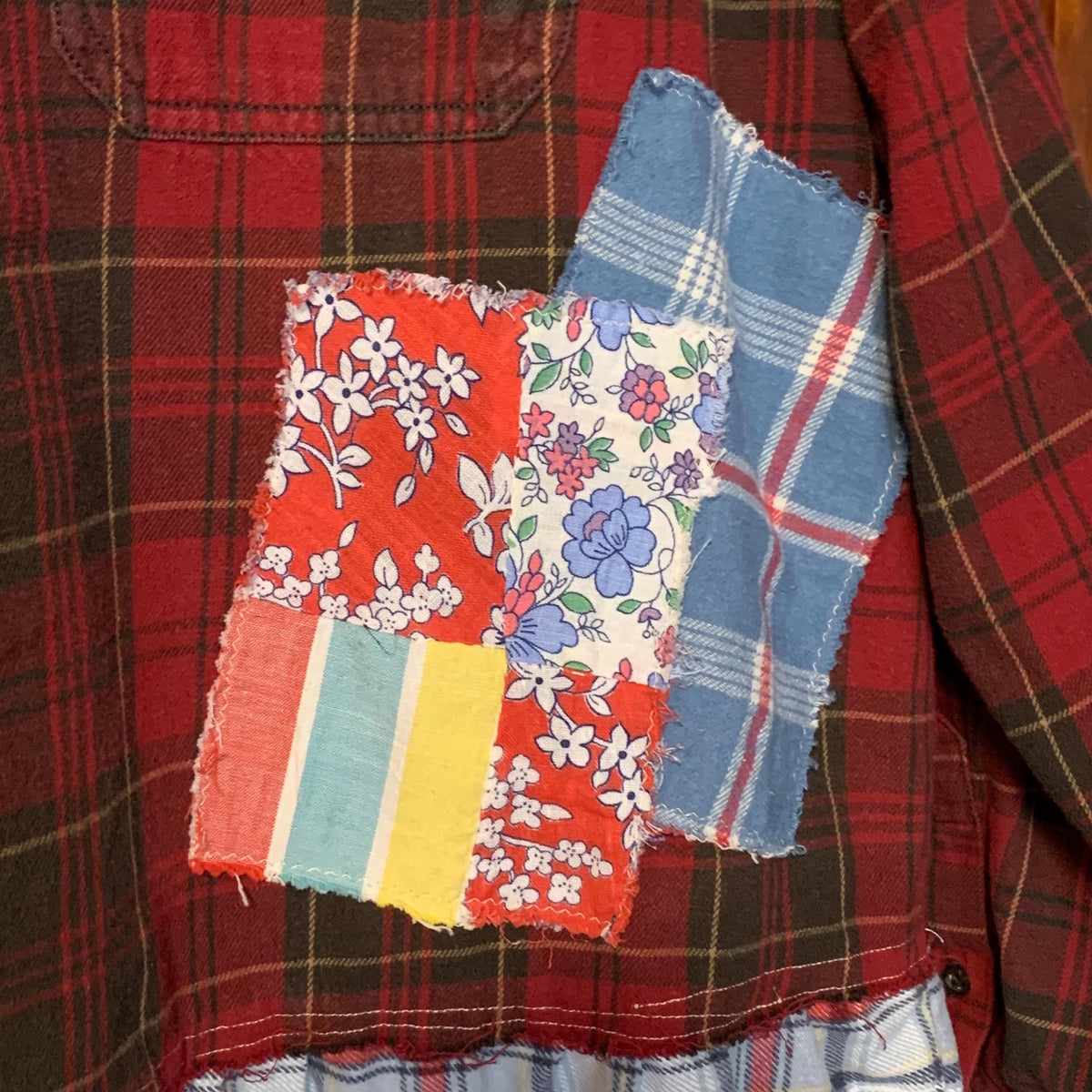 Upcycled Flannel Tunic Top XL Cross Patchwork Plaid Collared