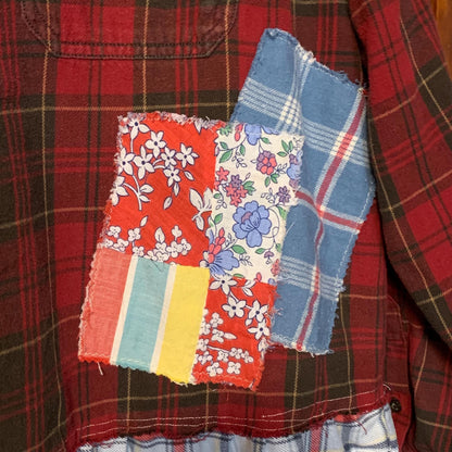 Upcycled Flannel Tunic Top XL Cross Patchwork Plaid Collared