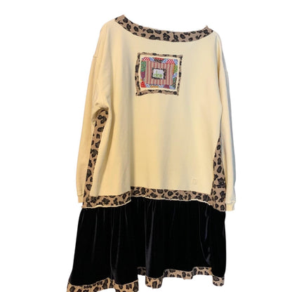 Upcycled Mushroom Tunic Top XL Velvet Hem Boho Pullover