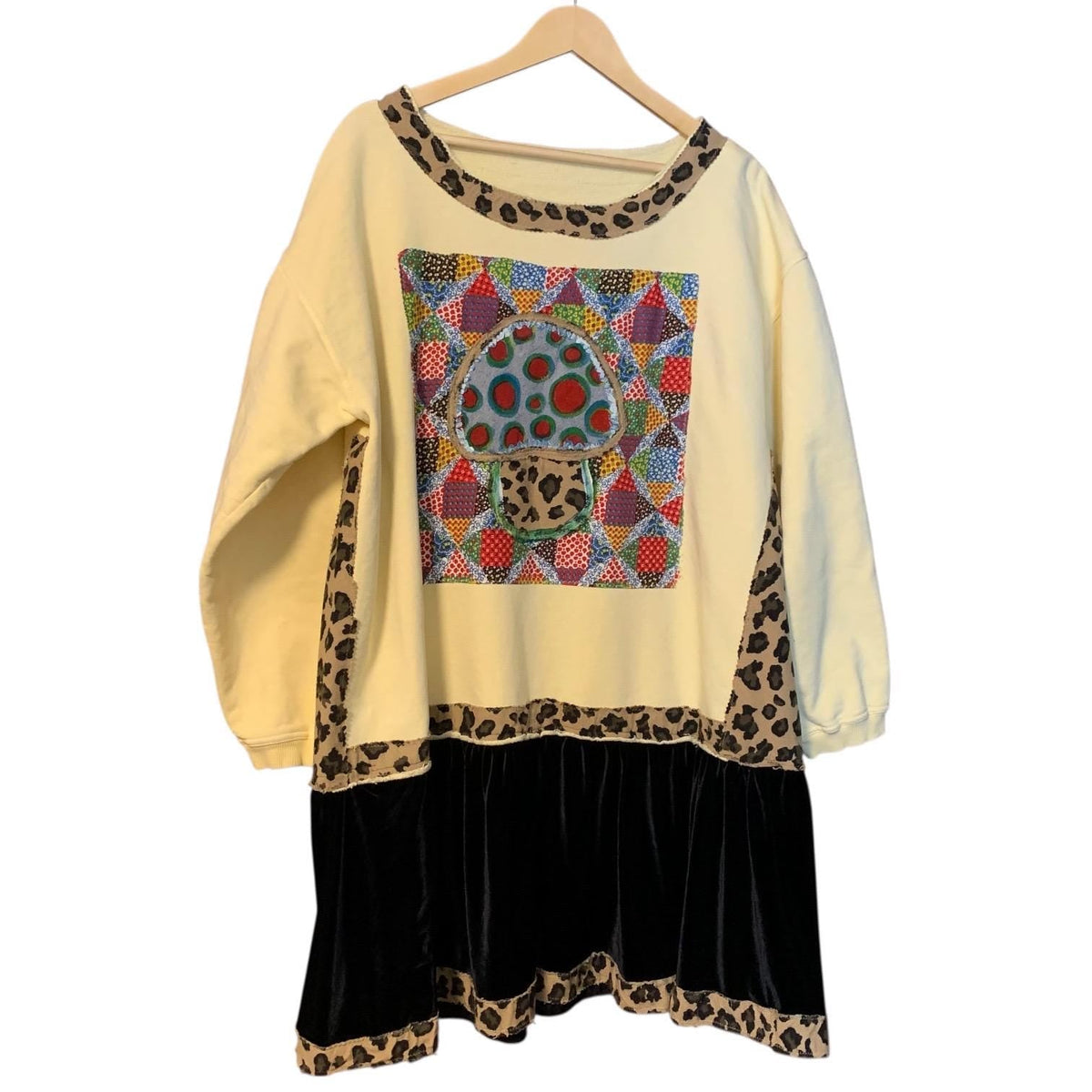 Upcycled Mushroom Tunic Top XL Velvet Hem Boho Pullover
