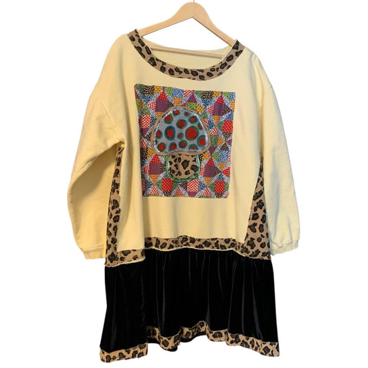 Upcycled Mushroom Tunic Top XL Velvet Hem Boho Pullover