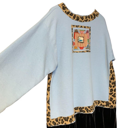 Upcycled Mushroom Tunic Dress L Velvet Hem Boho Pullover