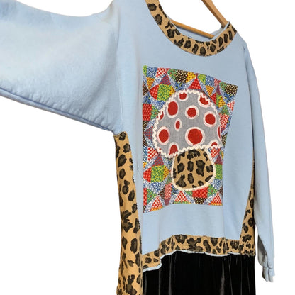 Upcycled Mushroom Tunic Dress L Velvet Hem Boho Pullover