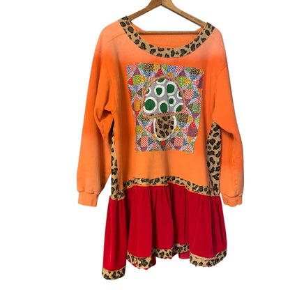 Upcycled Mushroom Tunic Dress 2X Velvet Hem Boho Pullover