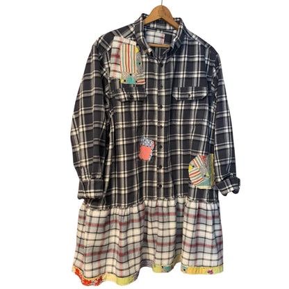 Upcycled Flannel Tunic Top 2X 3X Cross Patchwork Plaid Collared