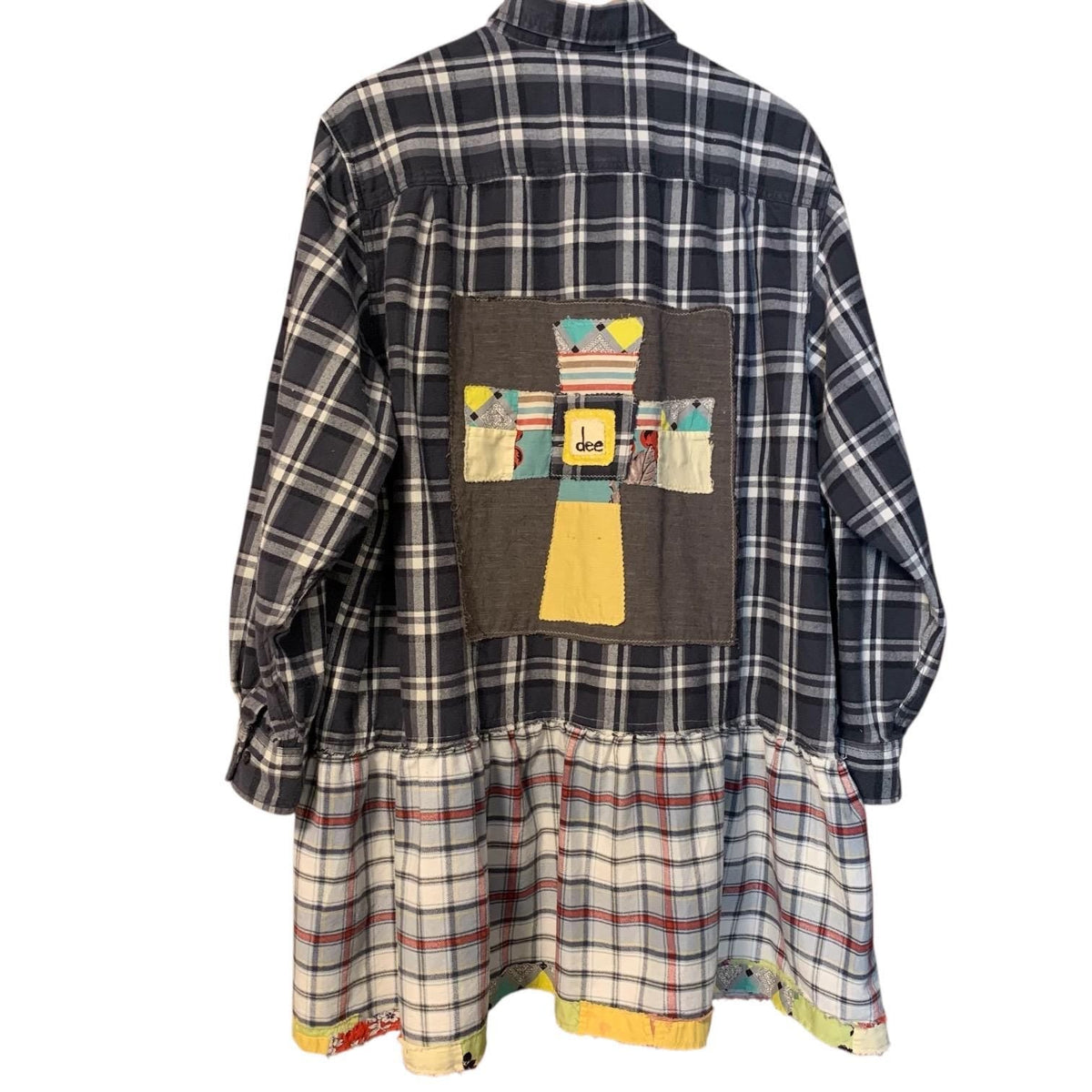 Upcycled Flannel Tunic Top 2X 3X Cross Patchwork Plaid Collared