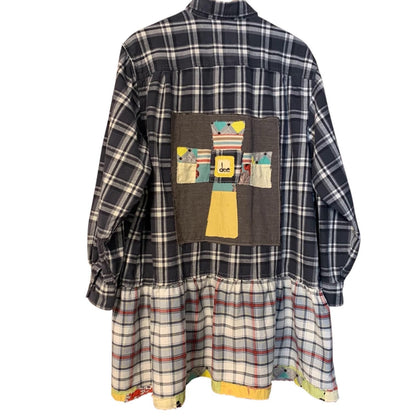 Upcycled Flannel Tunic Top 2X 3X Cross Patchwork Plaid Collared